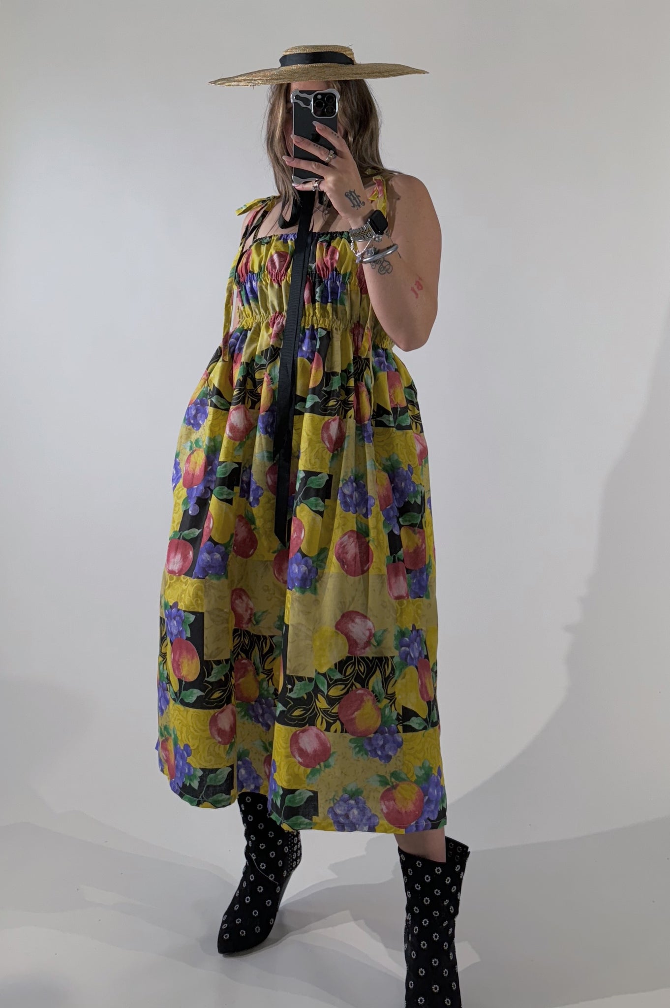 fruit print midi dress FRUIT PRINT POPLIN HALTER MIDI DRESS - Ecru/Yellow